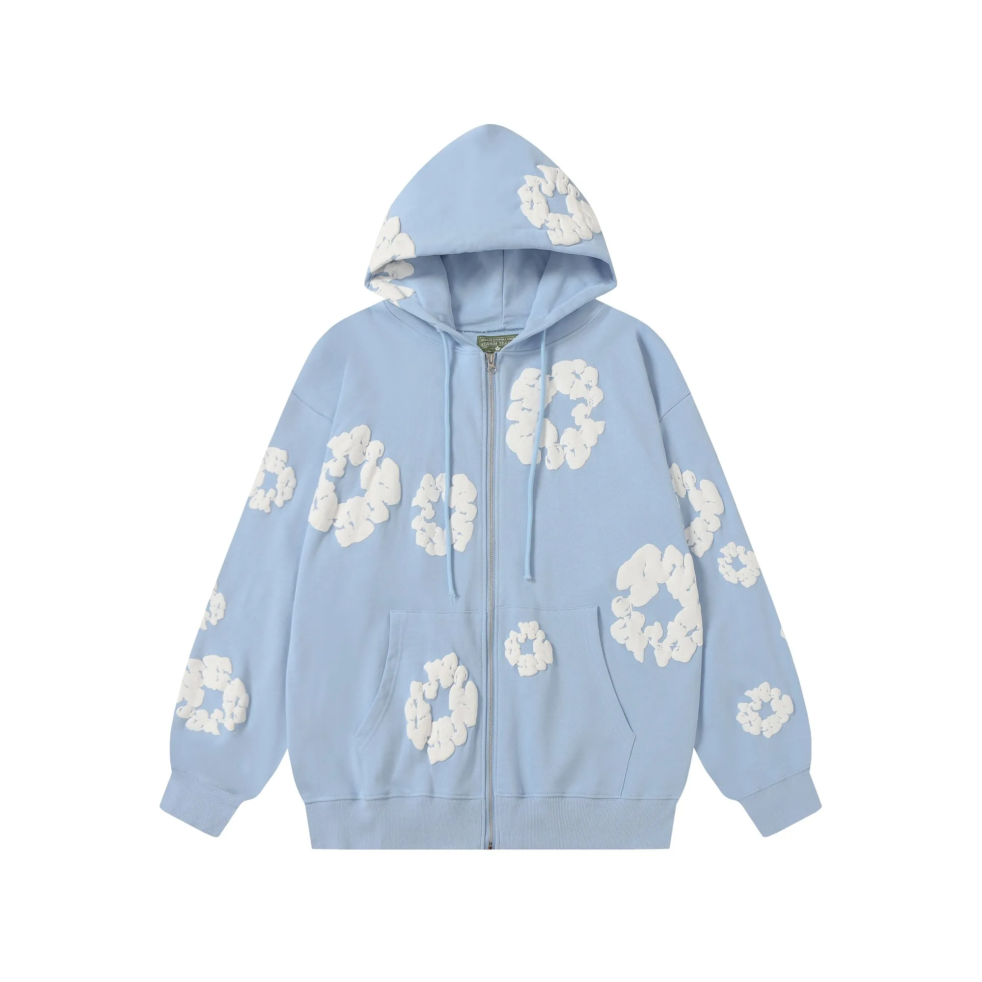 16 colors DENIM TEARS Kapok European and American trendy brand high-quality foam printed hooded sweatshirt jacket. Terry fabric weighs 380 grams. Threads are customized and dyed in the same color. Color Black Gray Blue Green Royal Blue Purple Red Orange Colorful Blue Pink White Sky Blue Brown Carbon Gray Black Gray White White Size S-XL